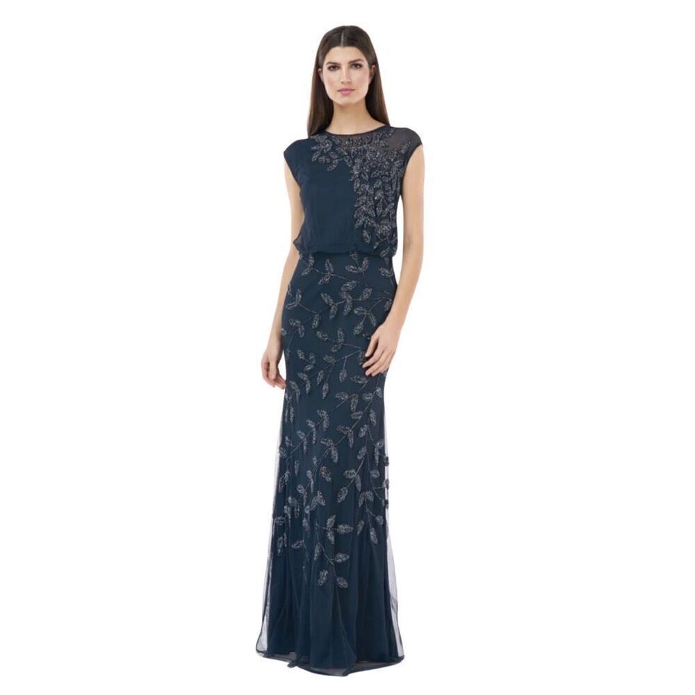 NWT JS Collections Navy Mesh Embellished Formal Gown 6 MOB Wedding Gala Dress